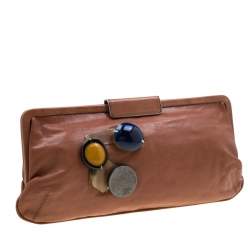 Marni Brown Glaze Leather Multicolor Stone Frame Clutch