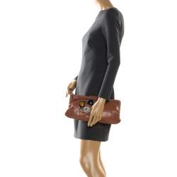Marni Brown Glaze Leather Multicolor Stone Frame Clutch