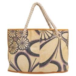 Marni Tan/Gold Floral Print Coated Canvas and Leather Rope Tote 