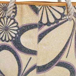 Marni Tan/Gold Floral Print Coated Canvas and Leather Rope Tote 