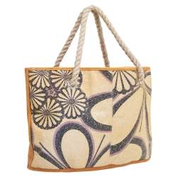 Marni Tan/Gold Floral Print Coated Canvas and Leather Rope Tote 