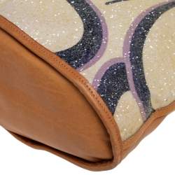 Marni Tan/Gold Floral Print Coated Canvas and Leather Rope Tote 