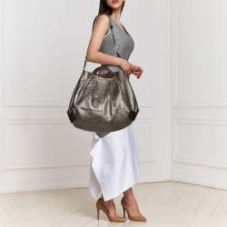 Pre Owned Marni Metallic Grey/Dark Brown Leather Balloon Hobo