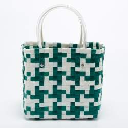 Marni Green/White Woven Straw Market Bastet Tote