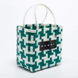 Marni Green/White Woven Straw Market Bastet Tote
