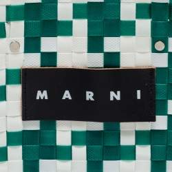 Marni Green/White Woven Straw Market Bastet Tote