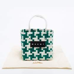 Marni Green/White Woven Straw Market Bastet Tote