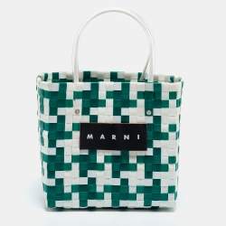 Marni Green/White Woven Straw Market Bastet Tote