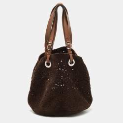Marni Dark Brown Suede and Leather Lasercut Hobo