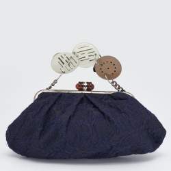 Pre Owned Marni Navy Blue Embroidered Fabric Frame Embellished Clutch Bag