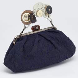 Pre Owned Marni Navy Blue Embroidered Fabric Frame Embellished Clutch Bag