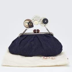 Pre Owned Marni Navy Blue Embroidered Fabric Frame Embellished Clutch Bag