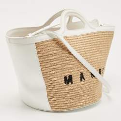 Pre Owned Marni White/Natural Raffia and Leather Small Tropicalia Tote