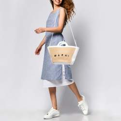 Pre Owned Marni White/Natural Raffia and Leather Small Tropicalia Tote