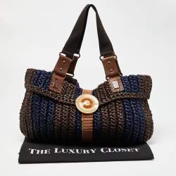 Pre Owned Marni Brown/Blue Woven Straw and Leather Round Lock Tote