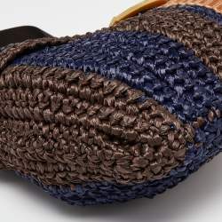 Pre Owned Marni Brown/Blue Woven Straw and Leather Round Lock Tote