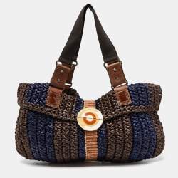 Pre Owned Marni Brown/Blue Woven Straw and Leather Round Lock Tote