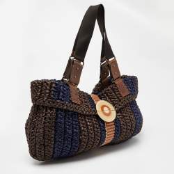Pre Owned Marni Brown/Blue Woven Straw and Leather Round Lock Tote