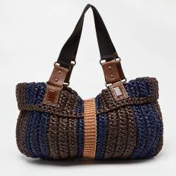 Pre Owned Marni Brown/Blue Woven Straw and Leather Round Lock Tote