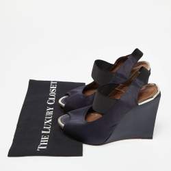 Marni Navy Blue Satin Slingback Wedge Sandals Size 38.5