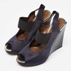 Marni Navy Blue Satin Slingback Wedge Sandals Size 38.5