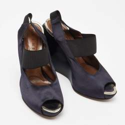 Marni Navy Blue Satin Slingback Wedge Sandals Size 38.5