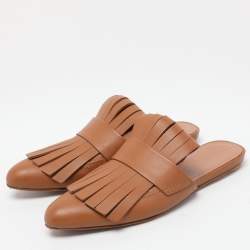 Marni Brown Leather Fringe Detail Mules Size 35