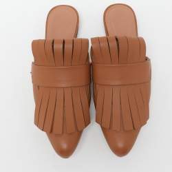 Marni Brown Leather Fringe Detail Mules Size 35