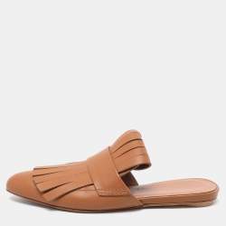 Marni Brown Leather Fringe Detail Mules Size 35