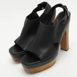 Pre Owned Marni Black Leather Wooden Platform Slingback Sandals Size 37