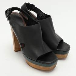 Pre Owned Marni Black Leather Wooden Platform Slingback Sandals Size 37