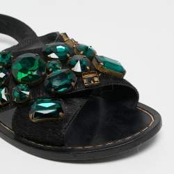Marni Black Calf Hair Embellished Flat Slingback Sandals Size 37