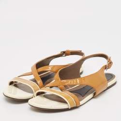 Marni Brown/Cream Patent Leather Slingback Flat Sandals Size 38