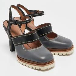 Marni Grey/Black Leather Mary Jane Ankle Strap Pumps Size 38