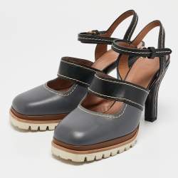 Marni Grey/Black Leather Mary Jane Ankle Strap Pumps Size 38