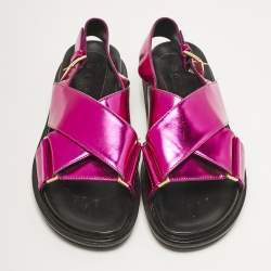 Pre Owned Marni Metallic Pink Leather Fussbett Crisscross Slingback Flat Sandals Size 38