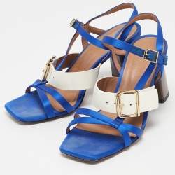 Marni Blue/Cream Patent Leather and Satin Ankle Strap Sandals Size 36