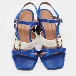 Marni Blue/Cream Patent Leather and Satin Ankle Strap Sandals Size 36
