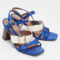Marni Blue/Cream Patent Leather and Satin Ankle Strap Sandals Size 36