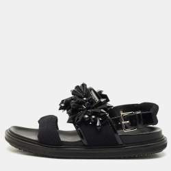 Marni Black Fabric and Patent Embellished Flat Slingback Sandals Size 38