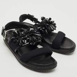 Marni Black Fabric and Patent Embellished Flat Slingback Sandals Size 38