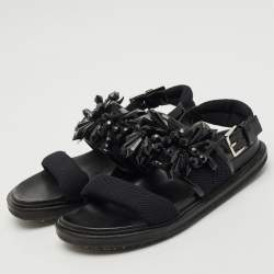 Marni Black Fabric and Patent Embellished Flat Slingback Sandals Size 38