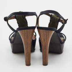 Pre Owned Marni Black/Green Satin and Fabric Platform Ankle Strap Sandals Size 39