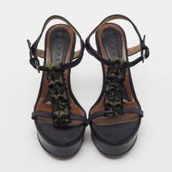 Pre Owned Marni Black/Green Satin and Fabric Platform Ankle Strap Sandals Size 39
