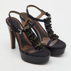 Pre Owned Marni Black/Green Satin and Fabric Platform Ankle Strap Sandals Size 39