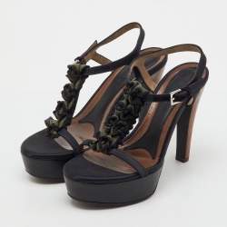 Pre Owned Marni Black/Green Satin and Fabric Platform Ankle Strap Sandals Size 39