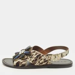Pre Owned Marni Size 40 Beige/Brown Calf Hair Crystal Embellished Flat Sandals