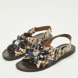 Pre Owned Marni Size 40 Beige/Brown Calf Hair Crystal Embellished Flat Sandals