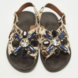 Pre Owned Marni Size 40 Beige/Brown Calf Hair Crystal Embellished Flat Sandals