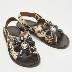 Pre Owned Marni Size 40 Beige/Brown Calf Hair Crystal Embellished Flat Sandals